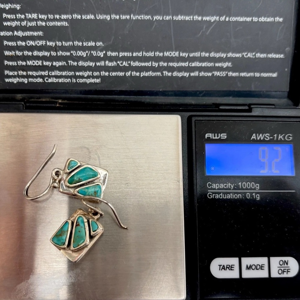 VTG 925 Sterling Silver Turquoise Cabochon Bezel Rectangle Dangle Earrings NEW! - Picture 4 of 4